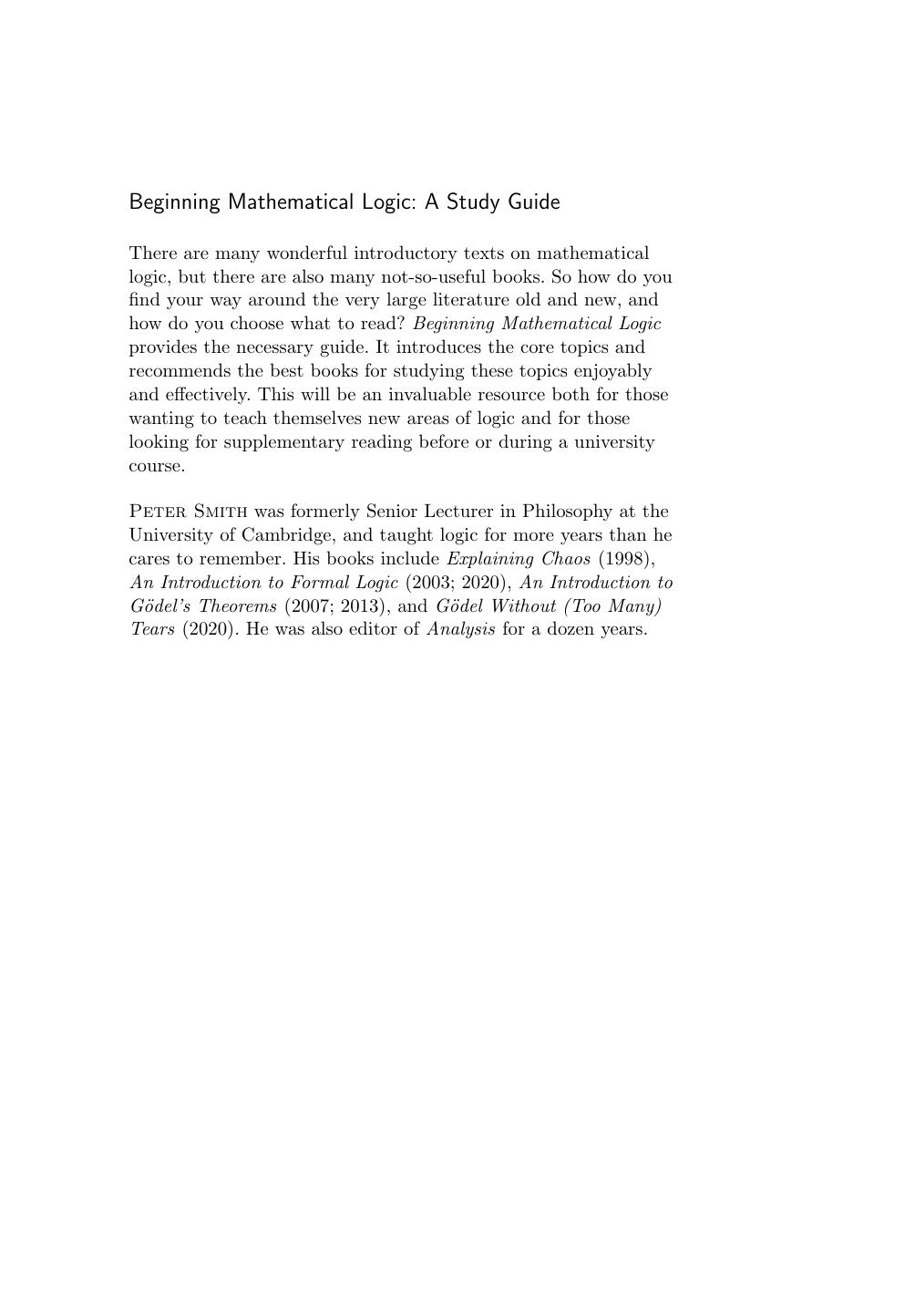 Beginning Mathematical Logic A Study Guide Peter Smith